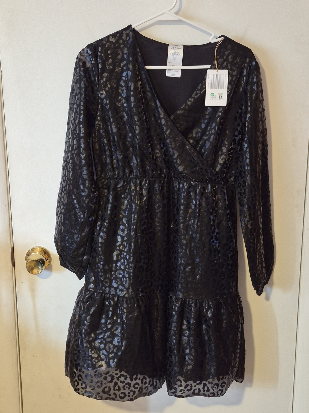 Serra Black Leopard-Print Long Sleeve Tiered Wrap Dress